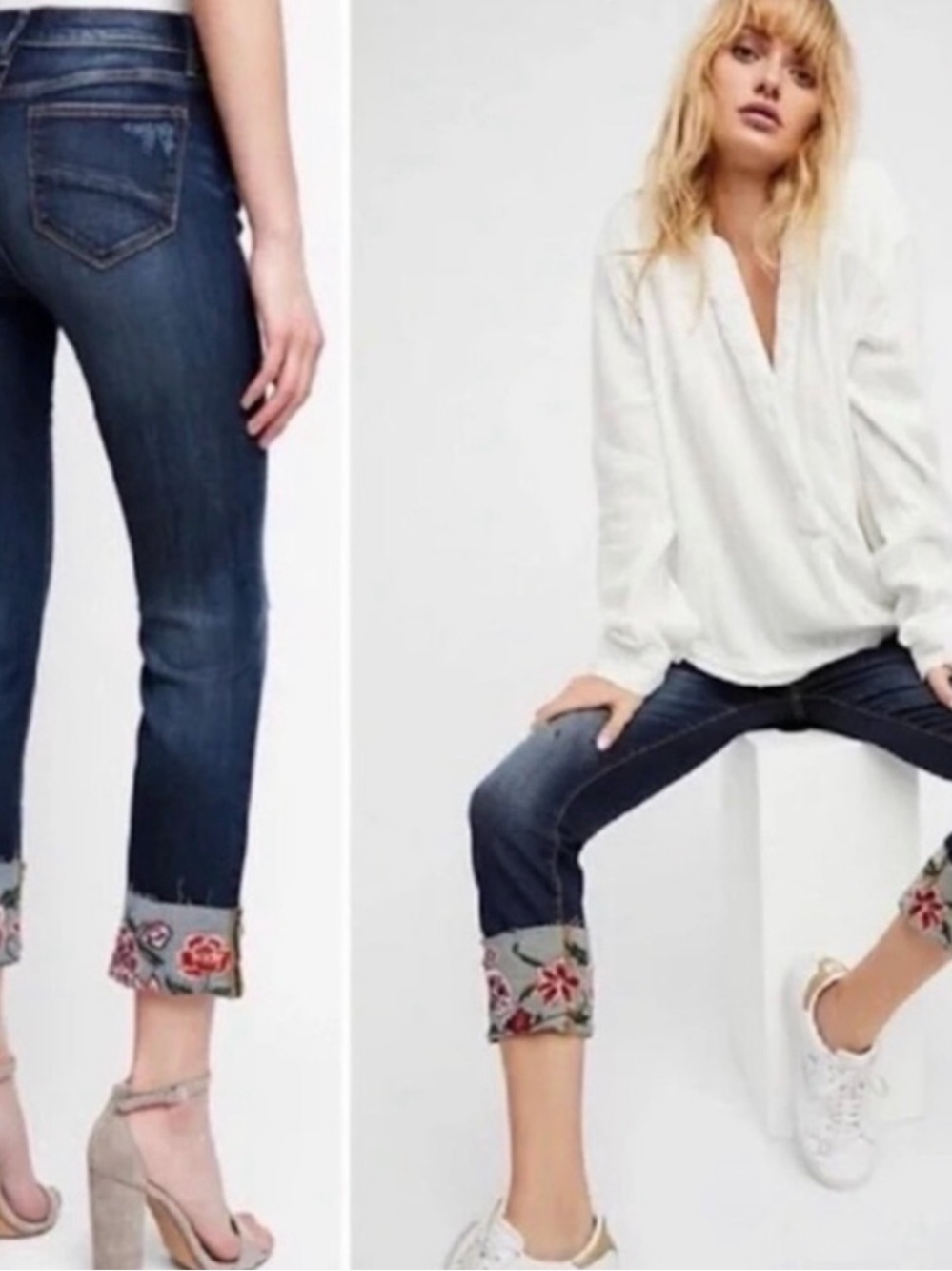 DRIFTWOOD Dark Blue Cropped Jeans with Floral Embroidered Cuffs size 28